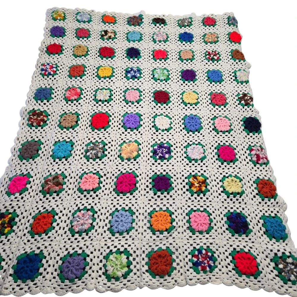 Vintage 3D Crochet Granny Square Blanket Floral White Handmade Afghan Throw
